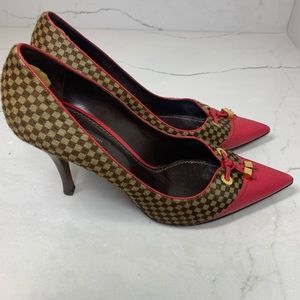 Louis Vuitton red & fur leather heels